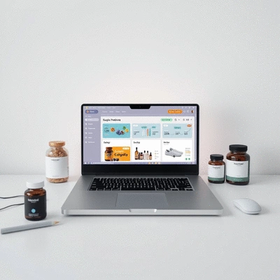 Minimalist desk with a laptop displaying an e-commerce platform dashboard, with a few supplement bottles neatly arranged beside it.