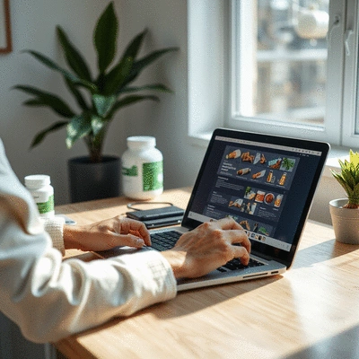 Person researching health supplements on a laptop, with a focus on a clean, modern desk setup