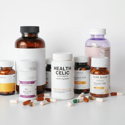 Various health supplement bottles and capsules arranged neatly on a light background