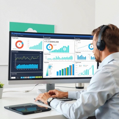 Person using analytics dashboard on computer, graphs and charts