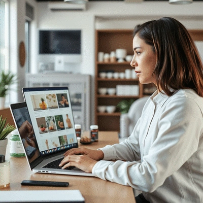 Person managing online store on laptop with health supplements in background