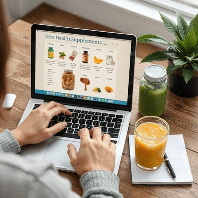 Person researching different types of supplements on a laptop, with notes and a health drink nearby, no text, no words, no typography, clean image