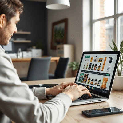 Person using a laptop to manage an online supplement store, showing various health products on screen.